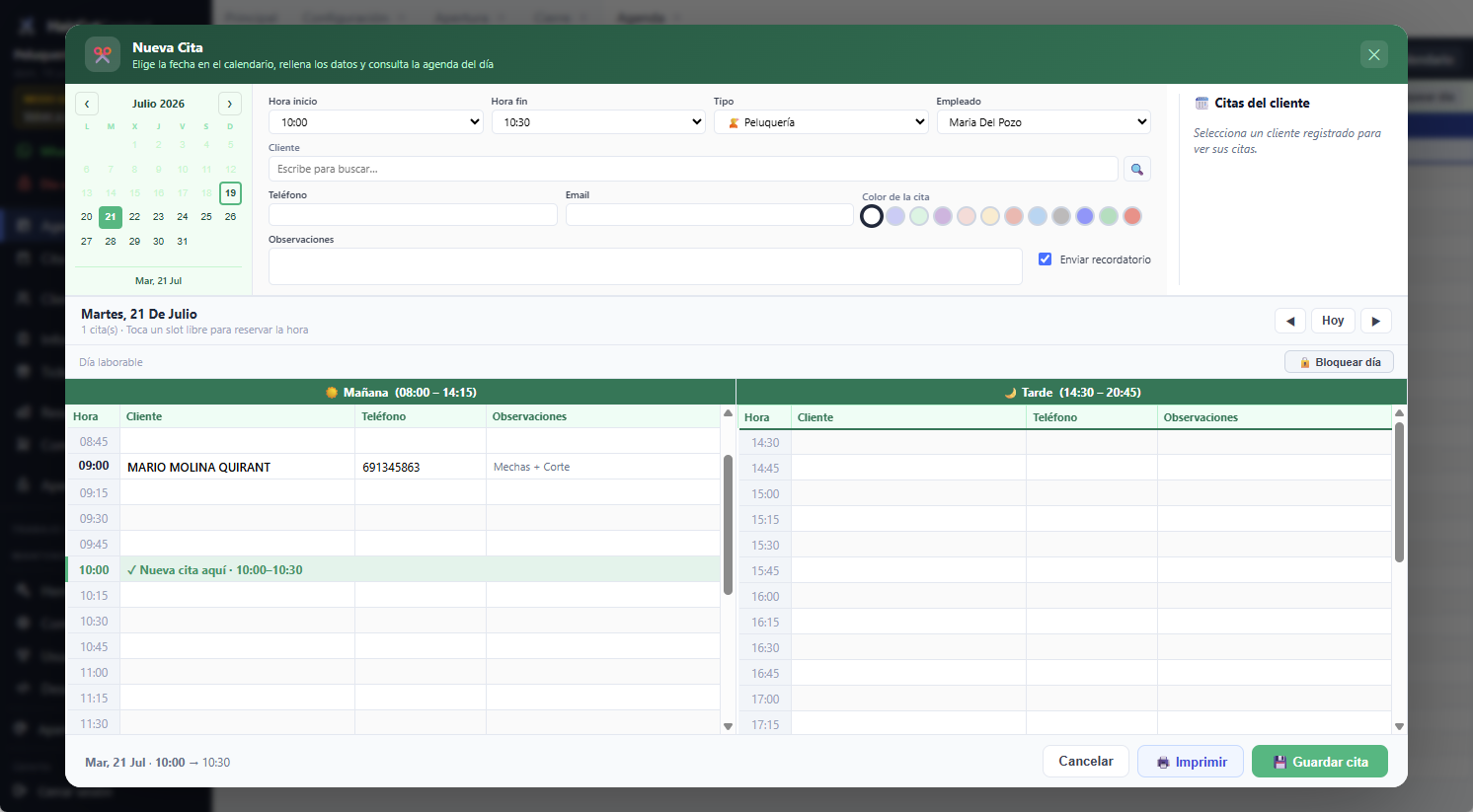 Pantalla de agenda y nueva cita de HairCutControl